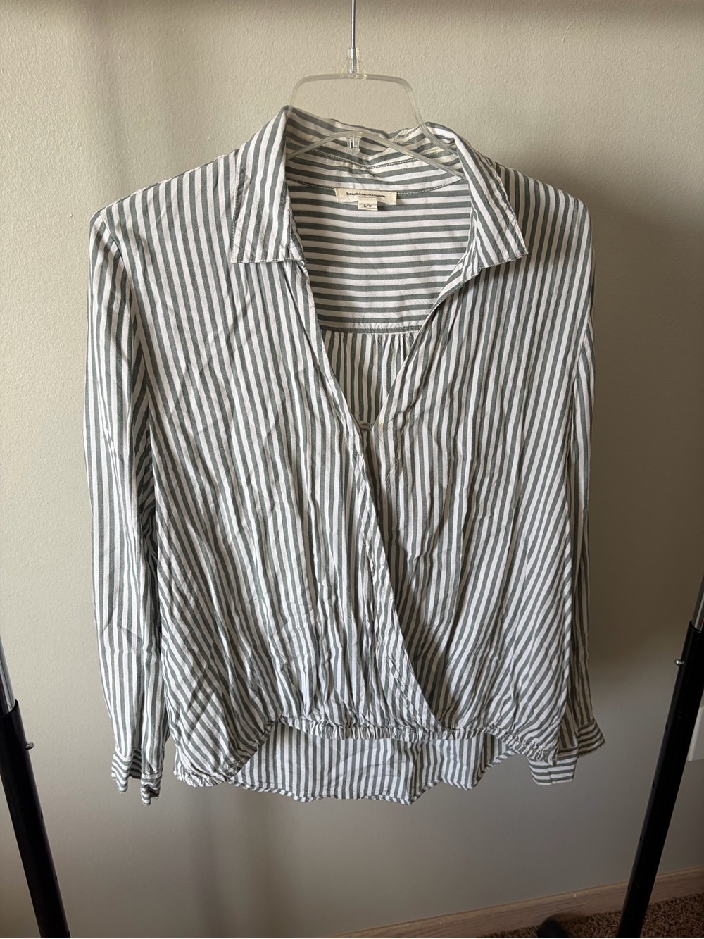beachlunchlounge White and Gray Striped Wrap-Style Blouse